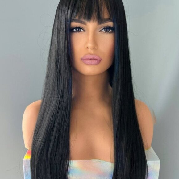 Long Black 24 inch Silky Straight Synthetic Wig with Bangs - Picture 1 of 5
